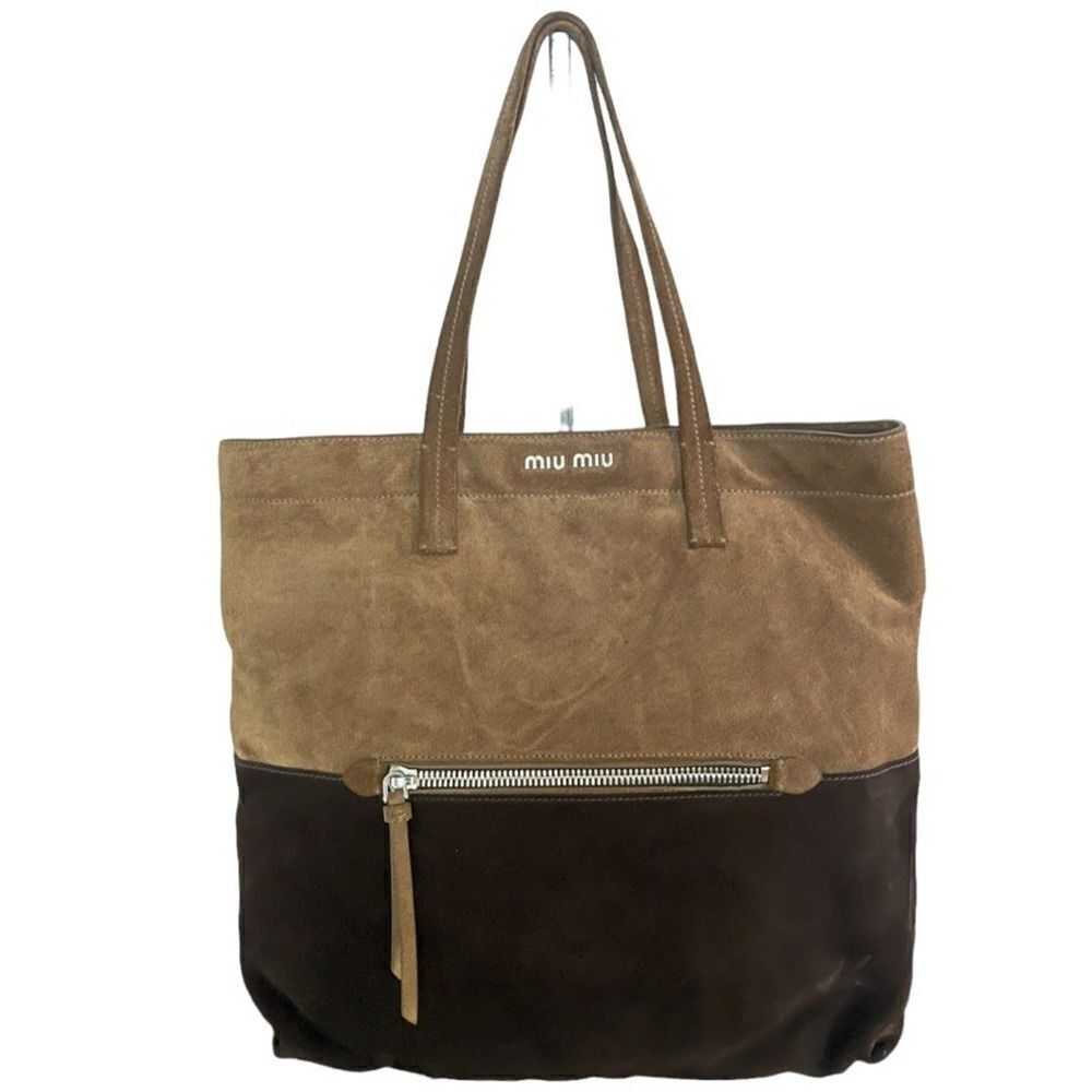 Prada Miu Miu Two Tone Suede Shopper Tote Handbag Brown